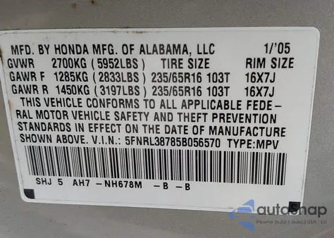 2005 Honda Odyssey Ex-L from USA, damaged, VIN 5FNRL38785B056570
